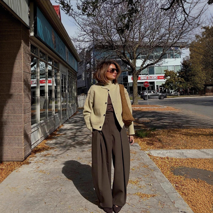 Women Ribbed Knit Cardigan with High Stand-up Collar and Button Placket Mune Fashion