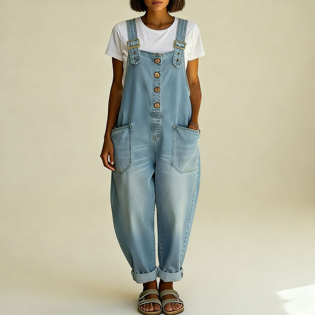 Women's Wide Denim Dungarees with Button Placket, Adjustable Straps and Patch Pockets Mune Fashion
