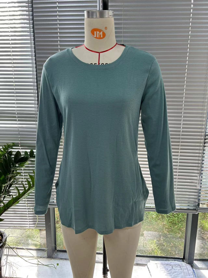 Women's Casual Long Sleeve Tunic Top with Round Neck, Side Slits and Watercolor Leaf Print Mune Fashion