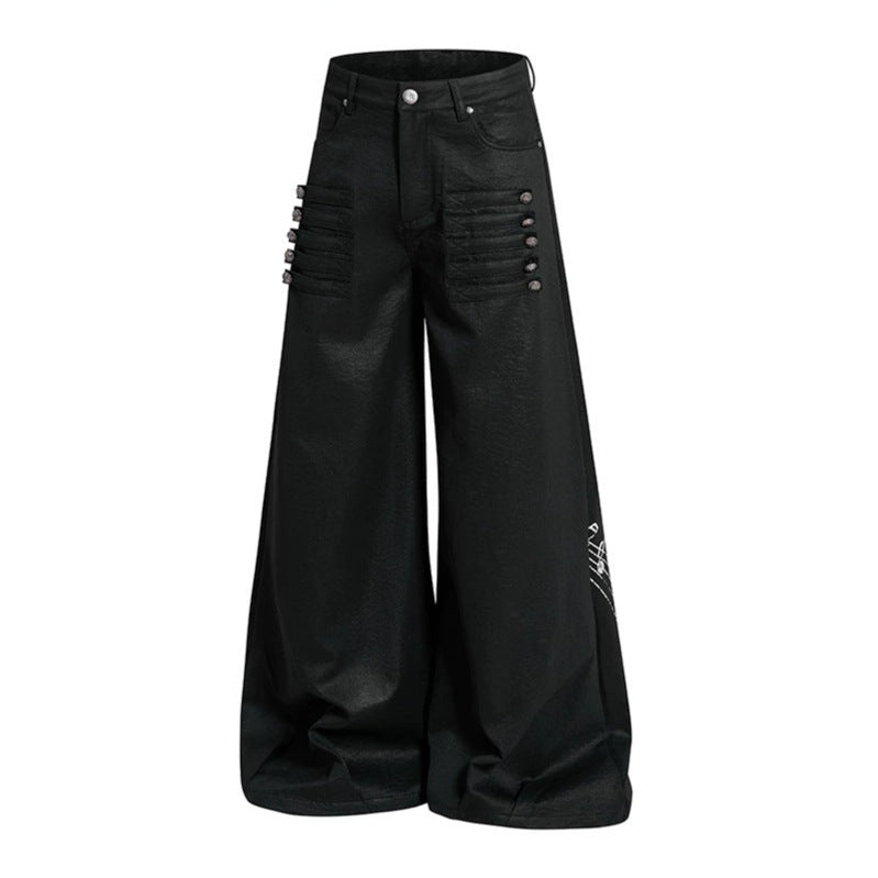 Women's wide high-cut palazzo pants with coated leather look, extra wide leg and statement print Mune Fashion