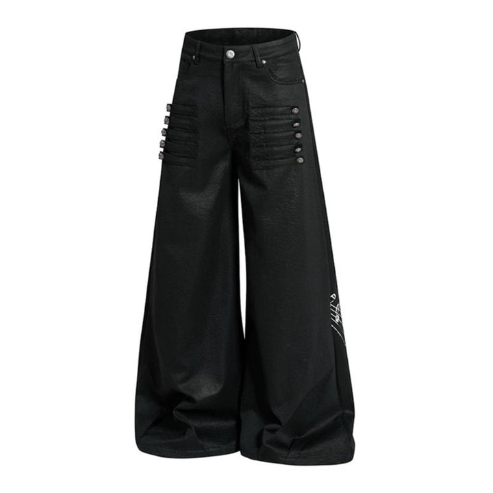 Women's wide high-cut palazzo pants with coated leather look, extra wide leg and statement print Mune Fashion