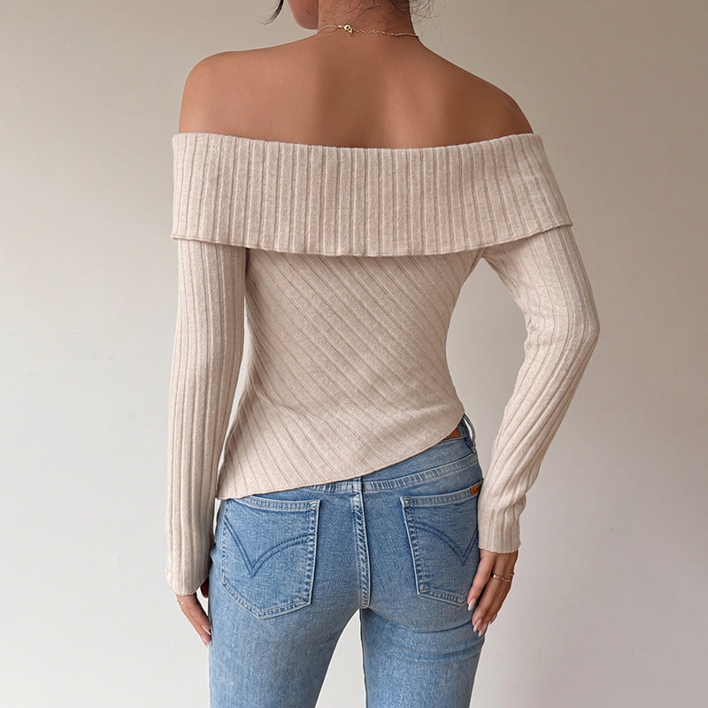 Women's Figure-Hugging Off-Shoulder Ribbed Knit Top with Knot Front and Asymmetrical Hem Mune Fashion