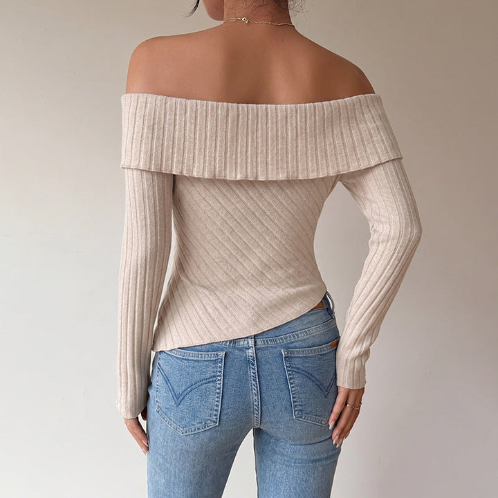 Women's Figure-Hugging Off-Shoulder Ribbed Knit Top with Knot Front and Asymmetrical Hem Mune Fashion