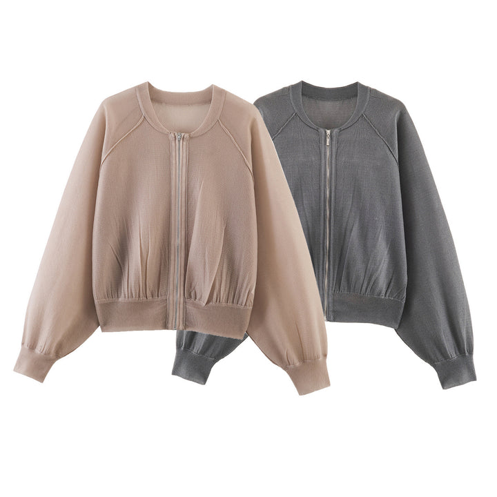 Women Lightweight Knit Bomber with Zipper, Balloon Sleeves and Gathered Hem Mune Fashion
