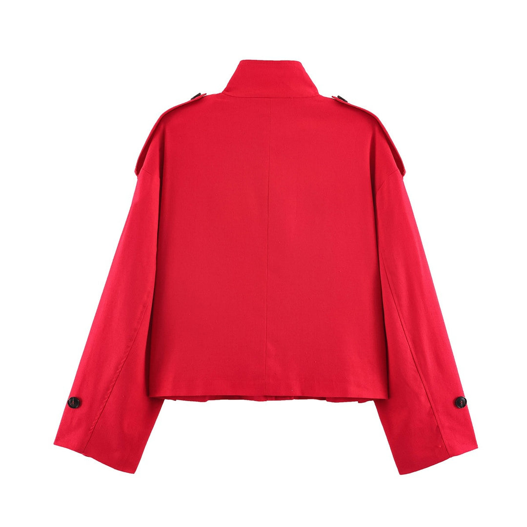 Women's Short Cargo Jacket with Stand Collar, Shoulder Flaps and Button Placket Mune Fashion