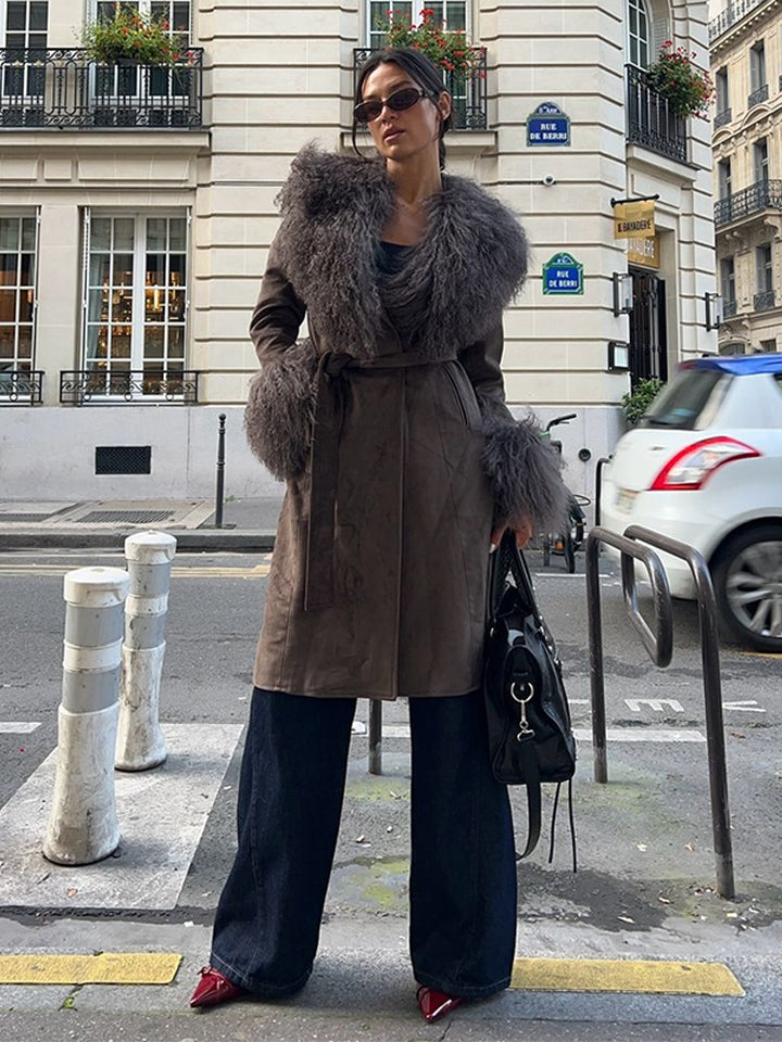 Women's coat made of suede leather look with voluminous faux fur shawl collar, fur cuffs & waist belt Mune Fashion