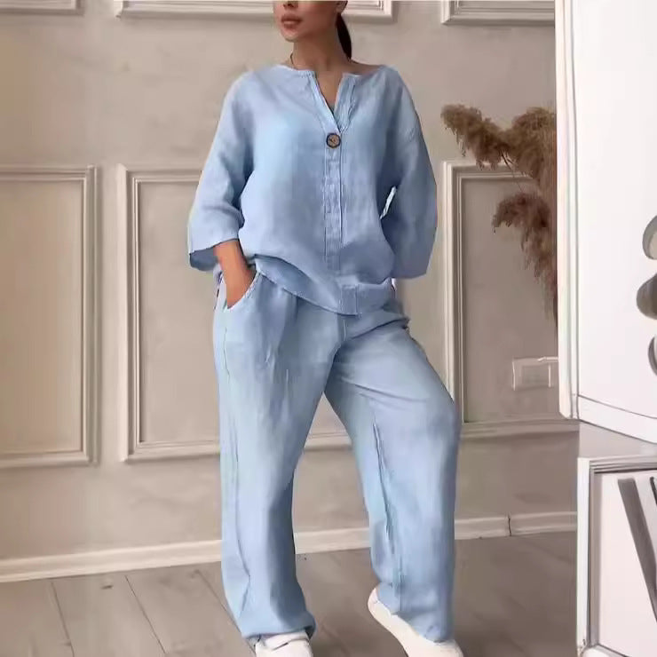 Women's casual linen relax set with wide pants and shirt blouse Mune Fashion