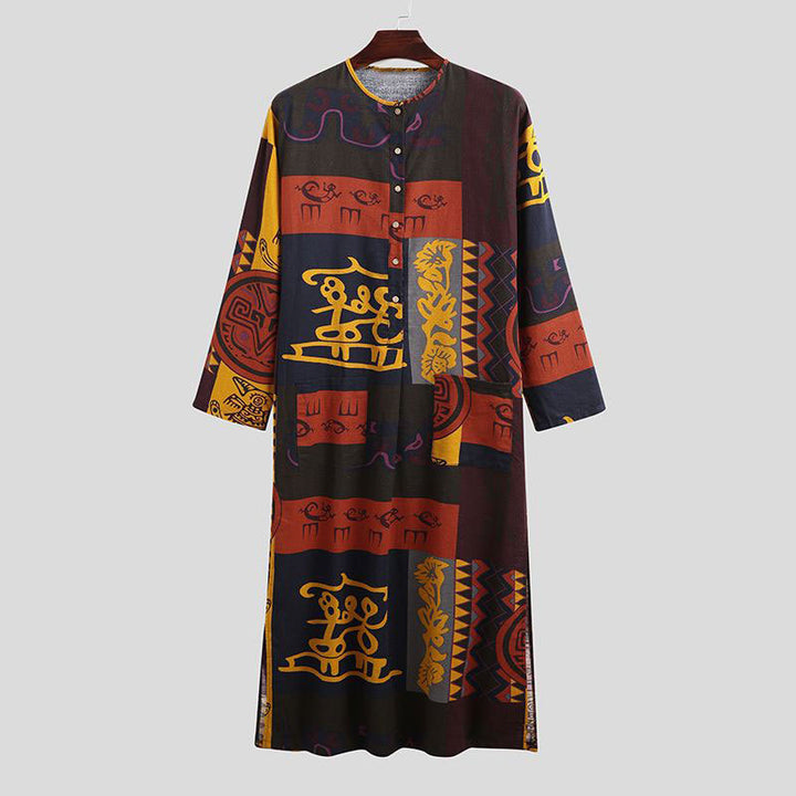 Ladies' Ethno-Maxi dress with stand-up collar, short button placket, dropped sleeves, and A-line cut Mune Fashion
