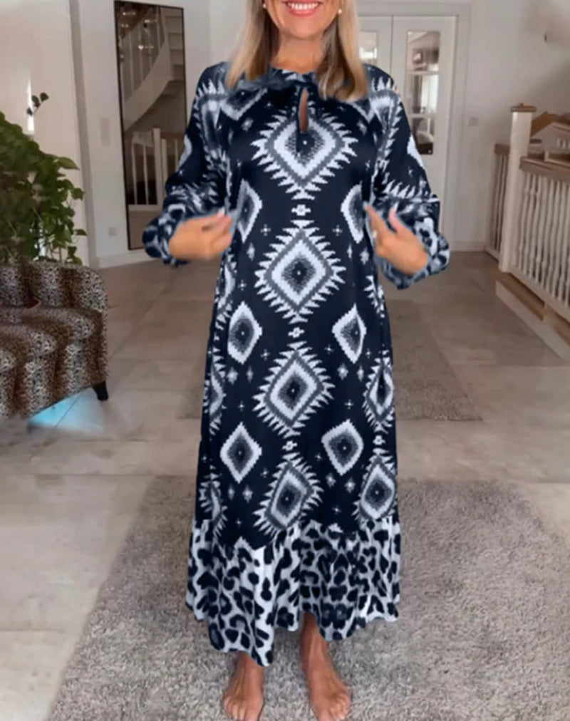 Women's flowing maxi dress with ethnic diamond print, keyhole neckline and contrast ruffle Mune Fashion