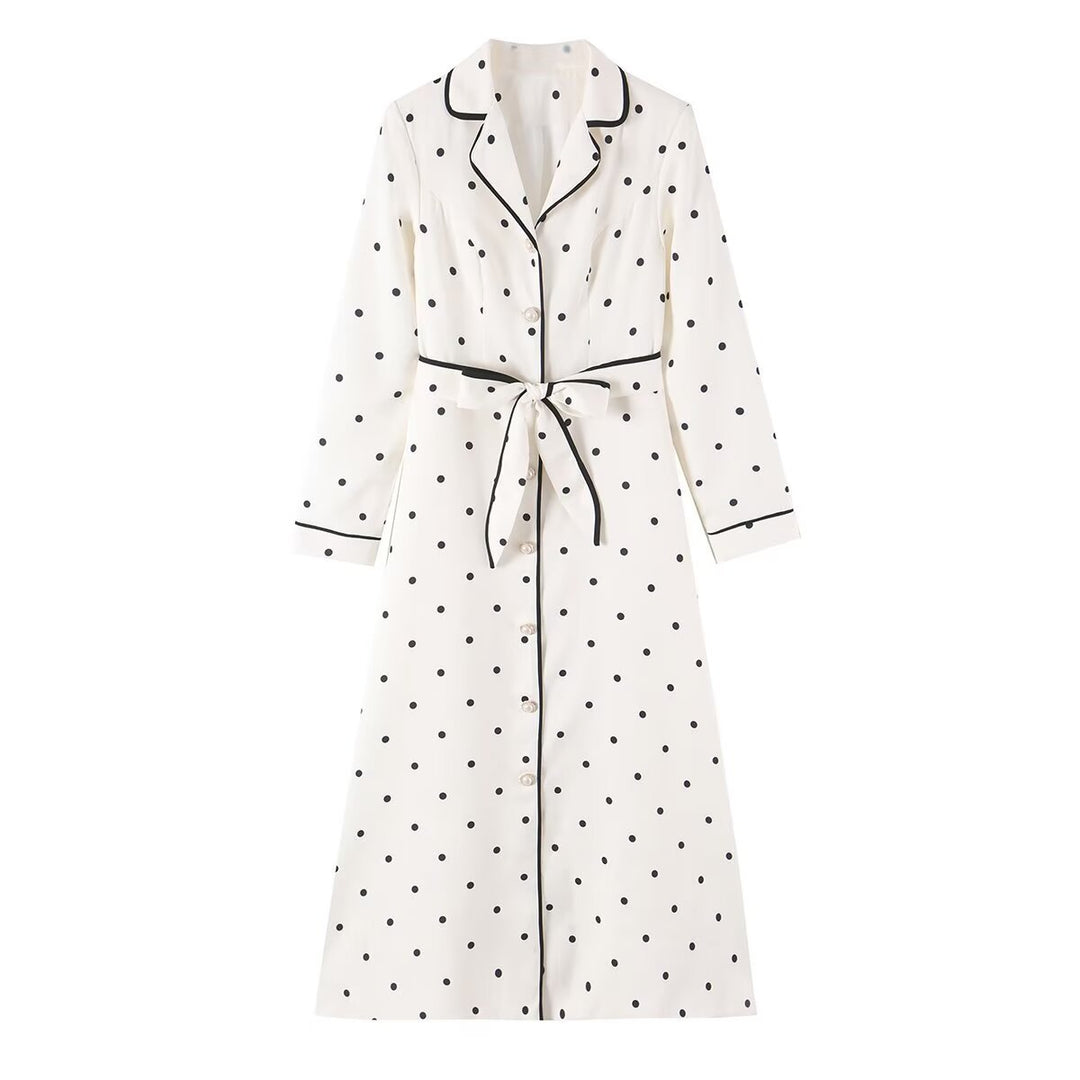 Women's midi shirt dress with polka dots, contrast piping, and waist belt Mune Fashion