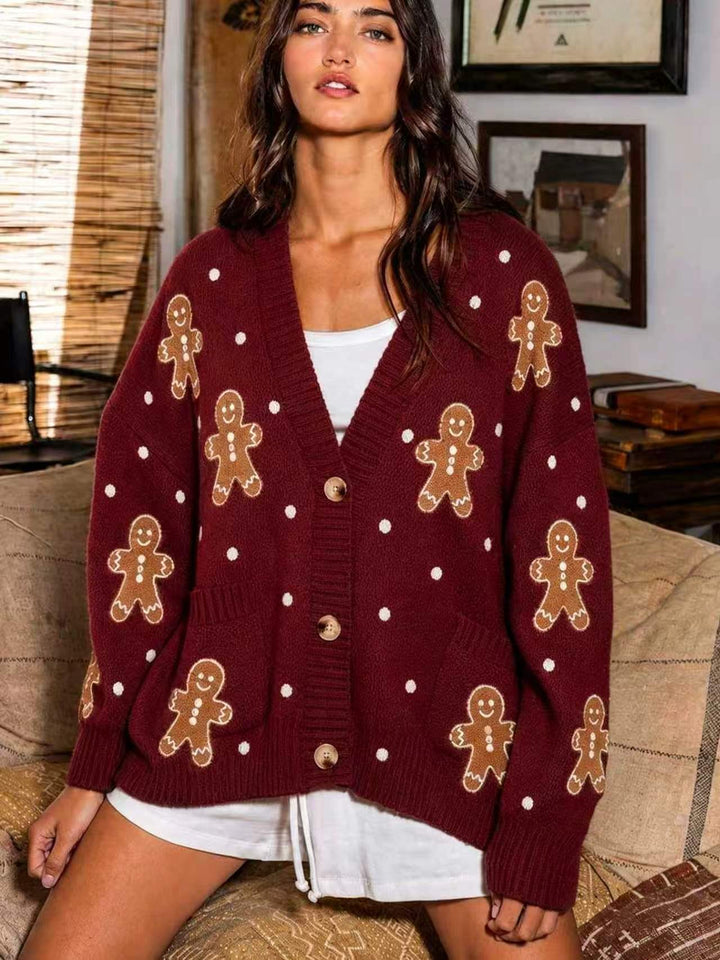 Women nan oversized knitted cardigan with gingerbread embroidery and deep V-neck Mune Fashion