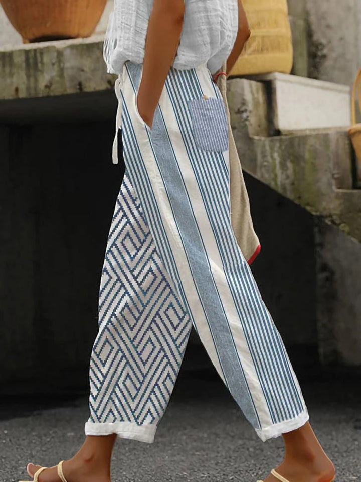 Women's Wide Linen Pants with Striped Pattern Mune Fashion
