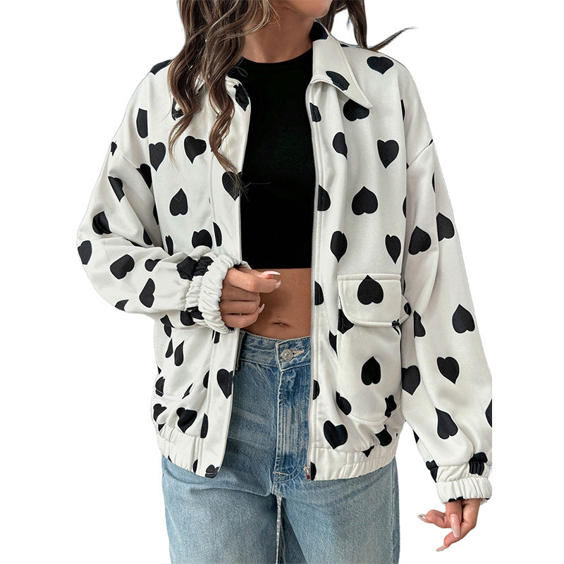 Women's Oversize Bomber Jacket with Heart Allover, Zipper, Flap Pockets and Elastic Cuffs Mune Fashion