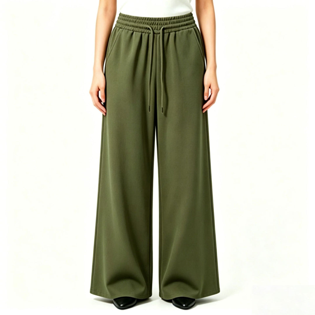 Ladies wide high-waist lounge pants with elastic waistband, drawstring, and flowing jersey Mune Fashion