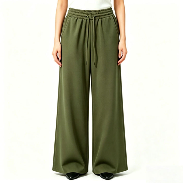 Ladies wide high-waist lounge pants with elastic waistband, drawstring, and flowing jersey Mune Fashion