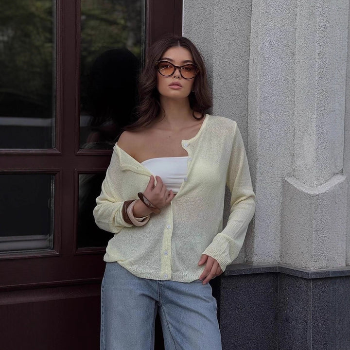 Women's lightweight semi-transparent fine knit cardigan with round neck and button placket Mune Fashion