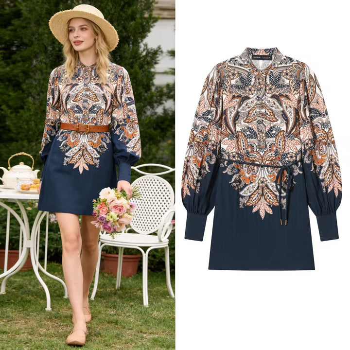 Women's Patterned Tunic Dress with Ties, Stand Collar and Balloon Sleeves Mune Fashion