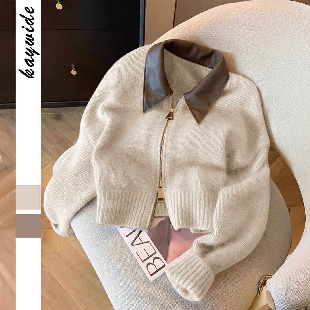 Women's short-cut knitted blouse with faux leather collar and gold-colored metal zipper Mune Fashion