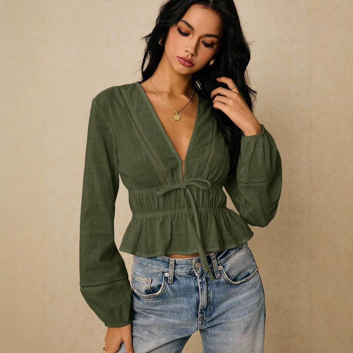Women Deep Cut Blouse with Drawstring Waist, Ruffled Hem and Decorative Hole Embroidery Mune Fashion