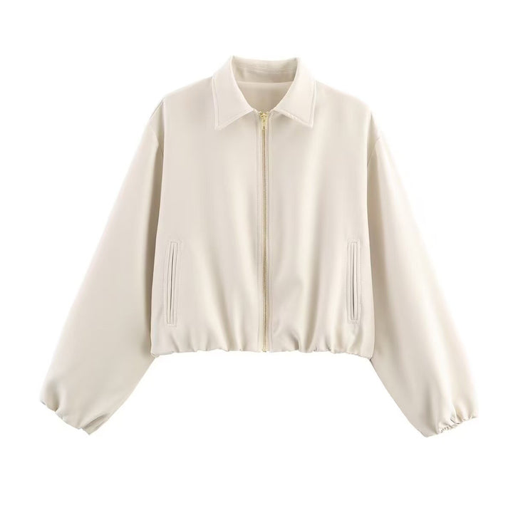 Ladies short fitted bomber jacket with shirt collar, concealed zipper and elastic hem Mune Fashion