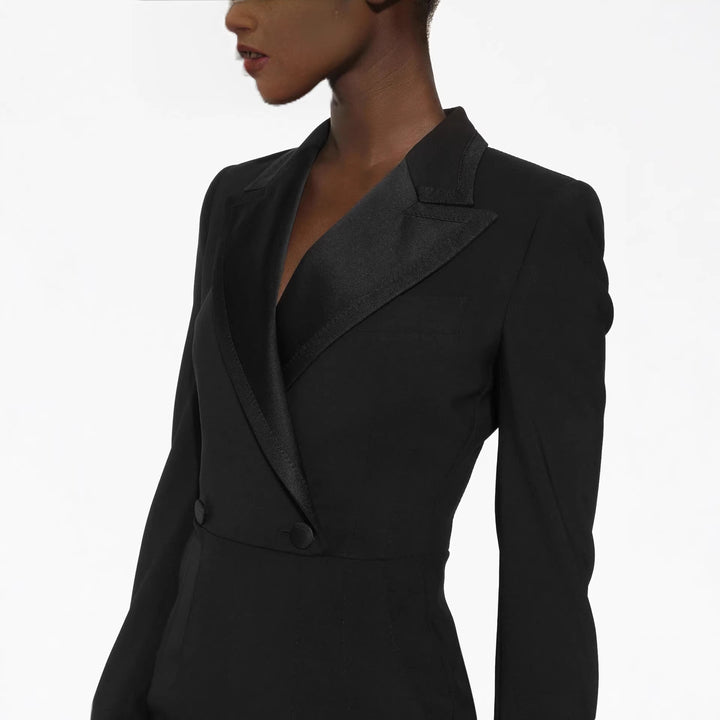 Women's Tailored Blazer Dress in Long Cut with Satin Lapels and Front Slit Mune Fashion