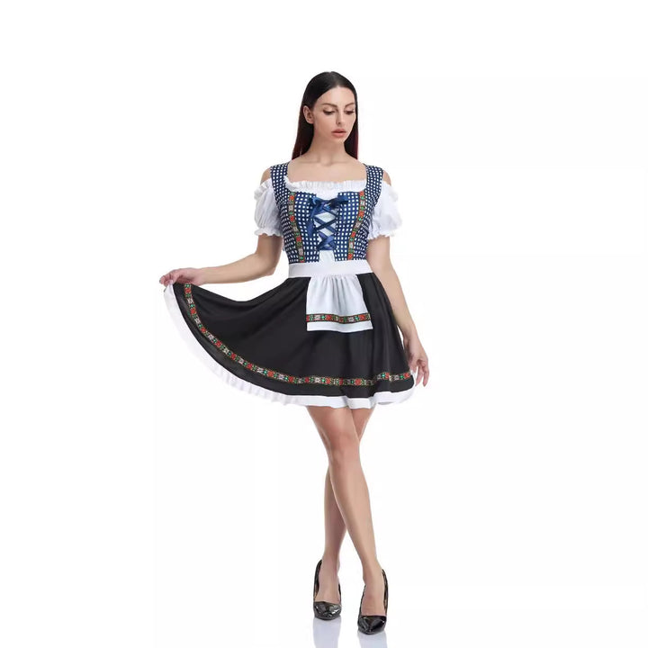Women's traditional Bavarian dirndl with laced bodice, short skirt length and apron Mune Fashion