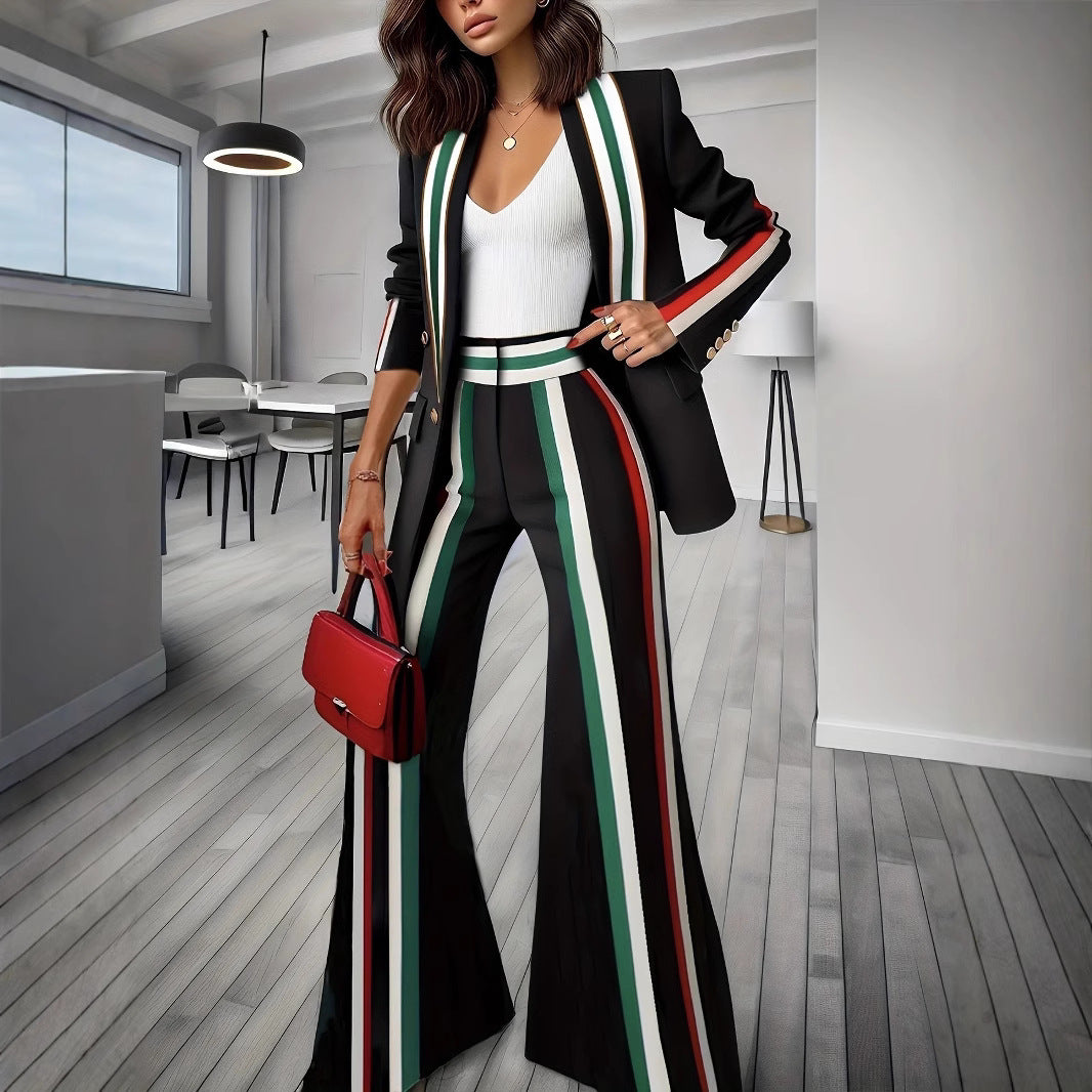 Ladies Elegant Blazer-Pants Set with Side Contrast Stripes and Wide Flare Mune Fashion