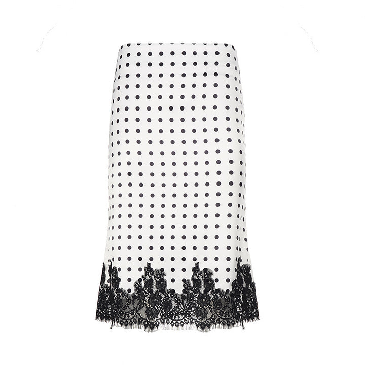Women's Tailored A-Line Midi Skirt with Polka Dot Print and Lace Trim Mune Fashion
