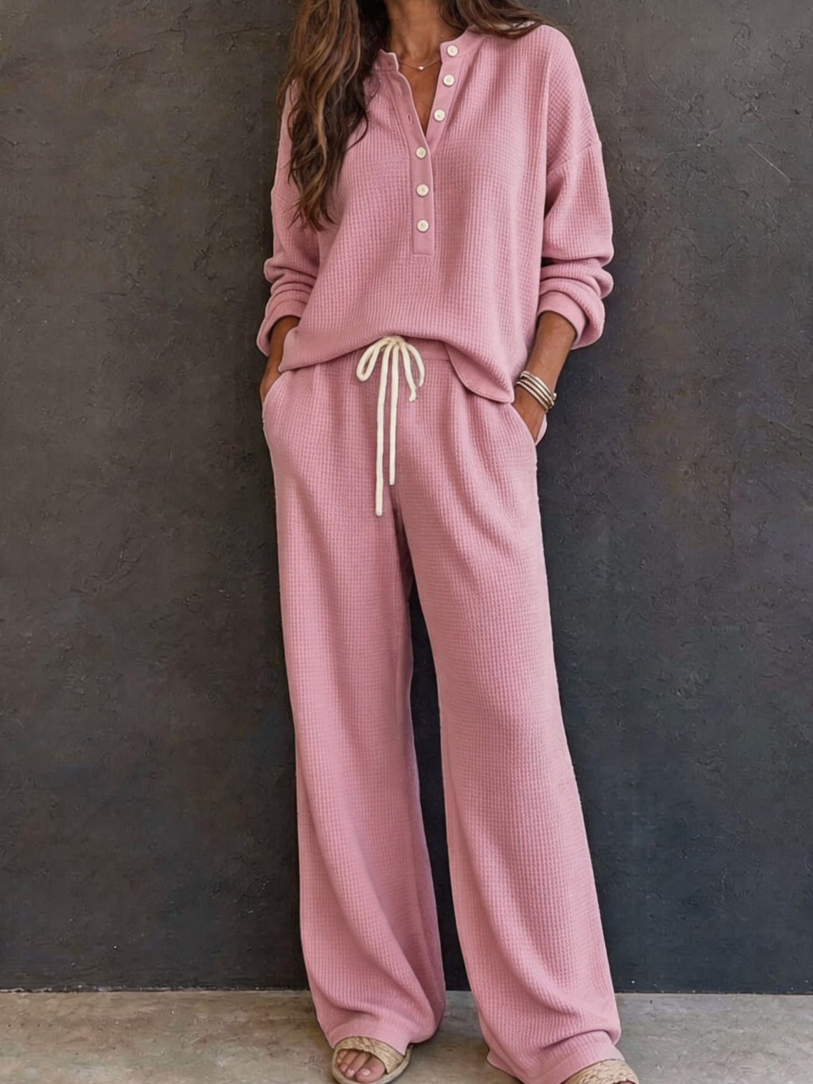 Women Casual Waffle Knit Suit Mune Fashion