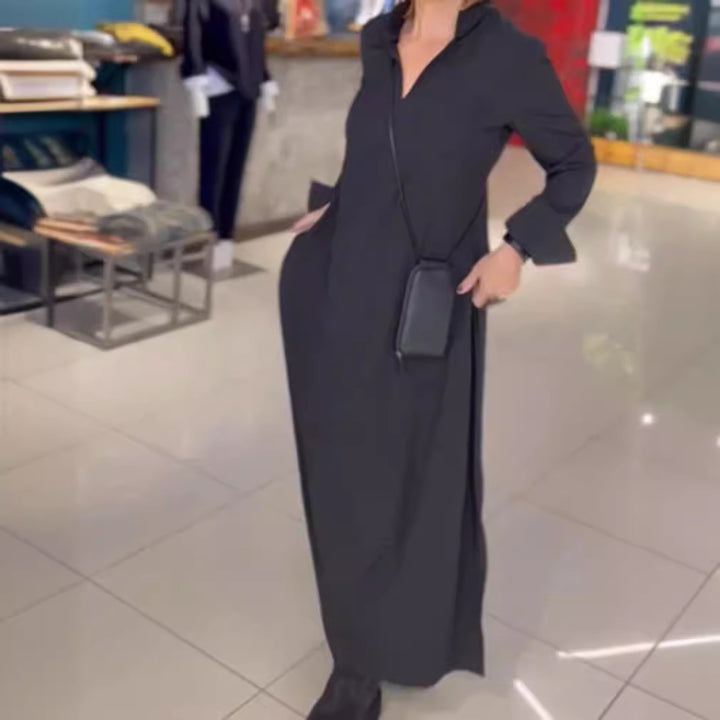 Women's Long Maxi Dress with Stand Collar, Side Pockets and Loose Fall Mune Fashion