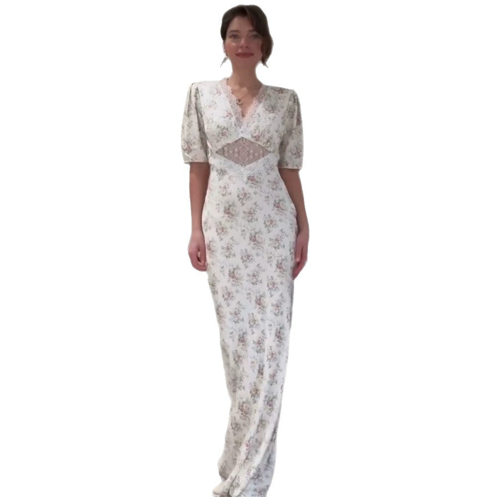 Women Romantic Maxi Dress in Flowing Satin with Lace Cut-Out & Puff Sleeves Mune Fashion