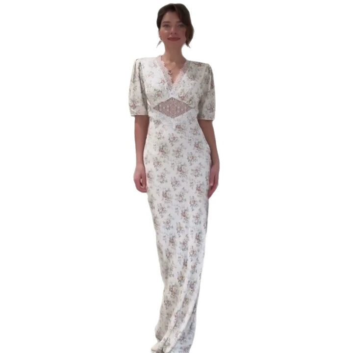 Women Romantic Maxi Dress in Flowing Satin with Lace Cut-Out & Puff Sleeves Mune Fashion