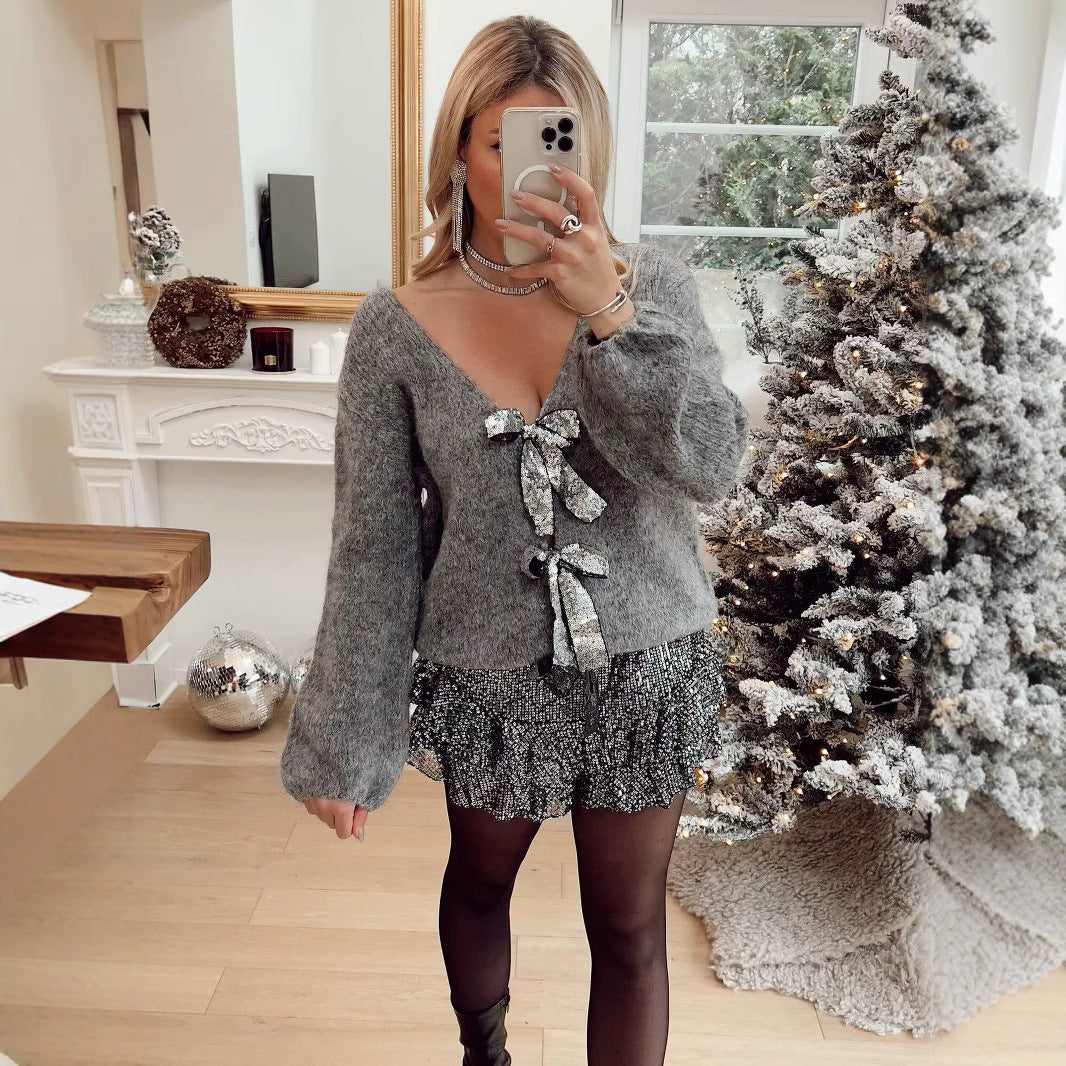 Women's Oversized Knit Cardigan with V-neck and Sequin Bows Mune Fashion