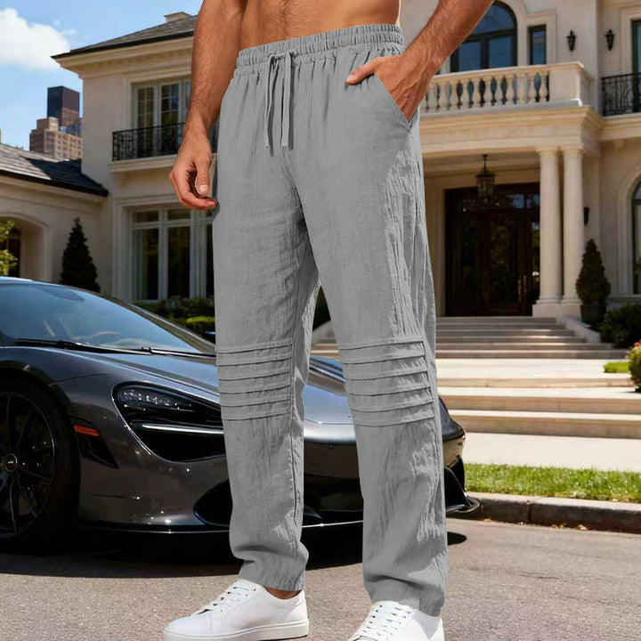 Men's Linen Look Lounge Pants with Drawstring Elastic Waistband and Quilted Knee Panels Mune Fashion