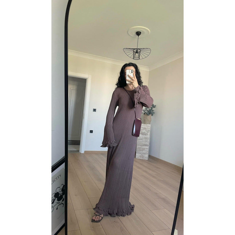 Women's Ribbed Maxi Dress with Long Sleeves, Ruffle Cuffs and Ruffle Hem Mune Fashion