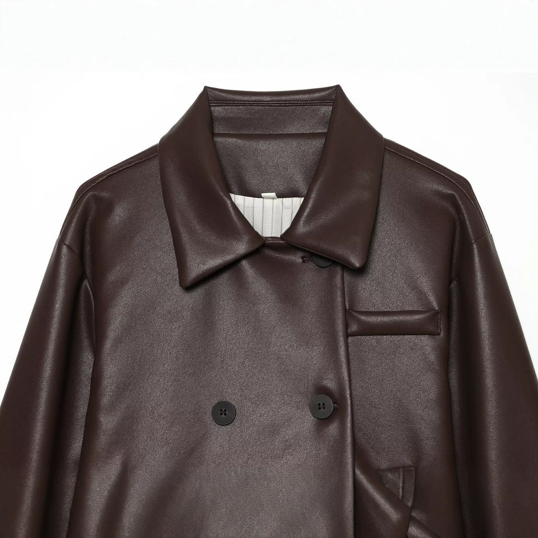 Women's short cut double-breasted faux leather jacket with wide shirt collar Mune Fashion