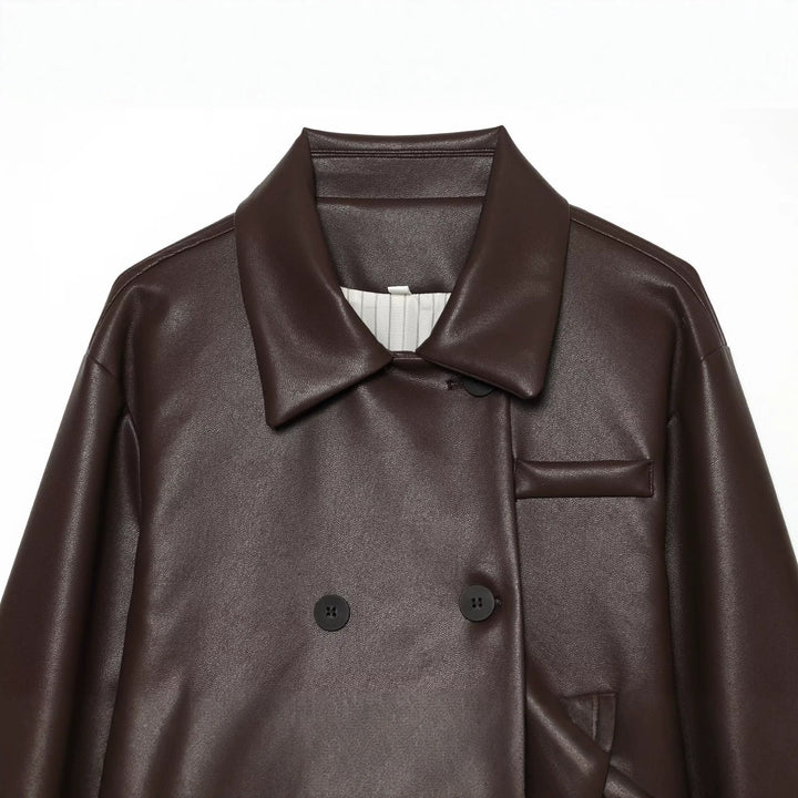 Women's short cut double-breasted faux leather jacket with wide shirt collar Mune Fashion