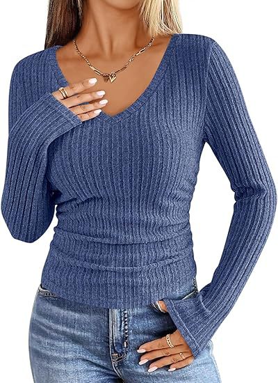 Women Ribbed Fitted Long Sleeve Fine Knit Shirt with V-Neck and Sleeve Slit Mune Fashion