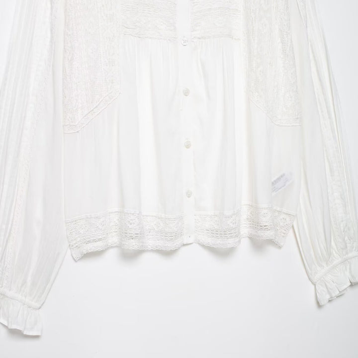 Ladies Romantic Lace Blouse with Pleated Front, Lace Panels and Balloon Sleeves Mune Fashion