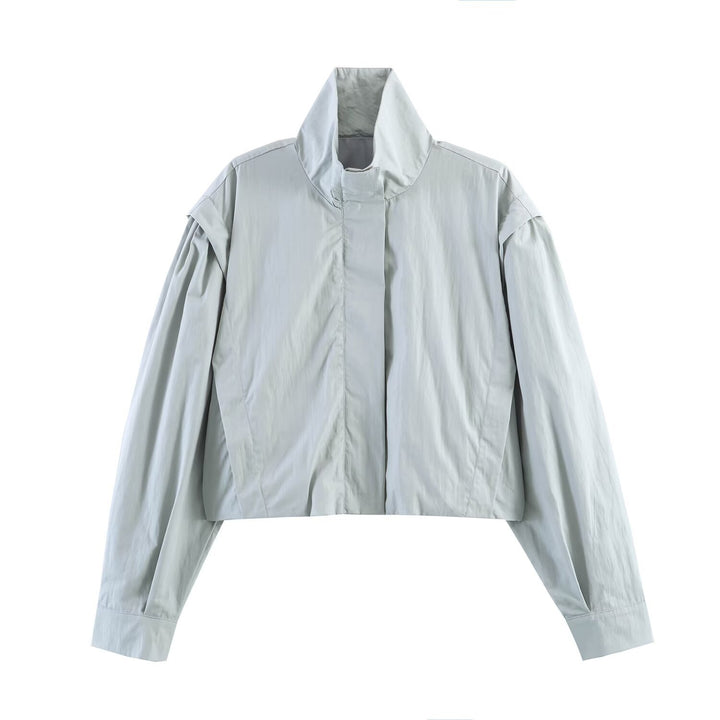 Women's Cropped Utility Jacket with High Standing Collar, Loose Raglan Sleeves and Concealed Front Placket Mune Fashion