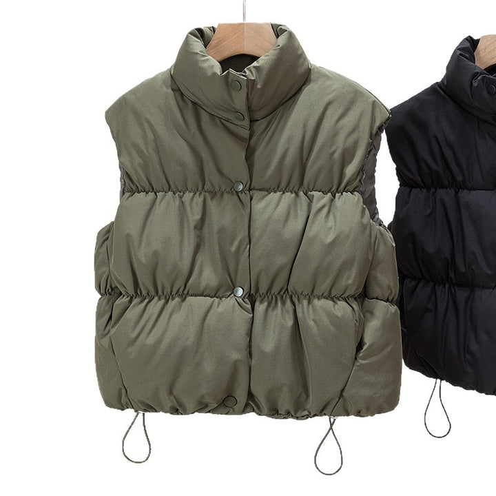 Women's Short Padded Vest with High Stand-Up Collar and Drawstring Mune Fashion