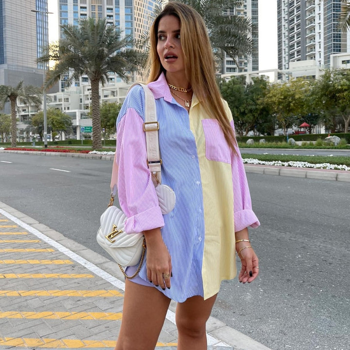 Women nan oversized shirt blouse with block stripes and chest pocket Mune Fashion