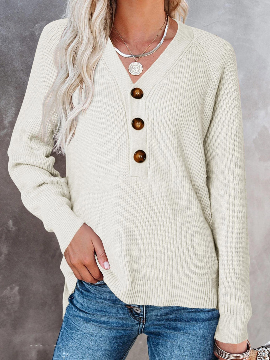Women's Ribbed Knit Sweater with V-Neck, Decorative Button Placket and Balloon Sleeves Mune Fashion
