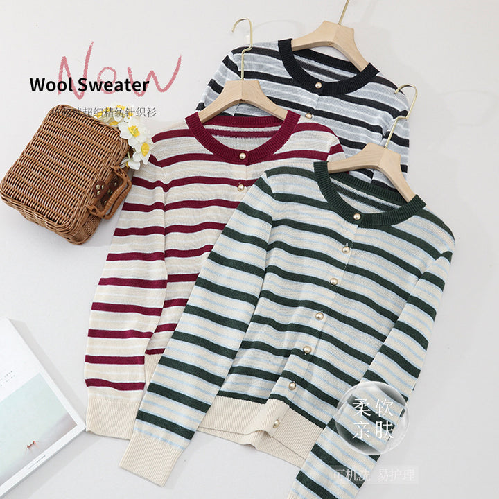 Women Lightweight Striped Cardigan made of Cotton Blend with Pearl Snap Buttons and Ribbed Cuffs Mune Fashion