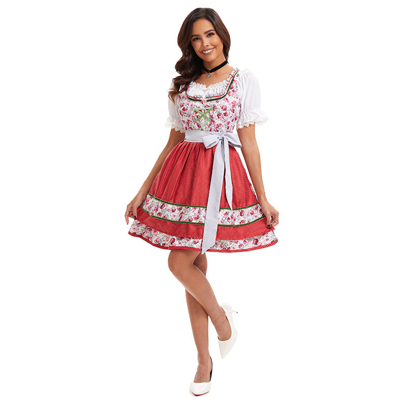 Women's floral traditional mini dress with laced bodice front and layered apron Mune Fashion