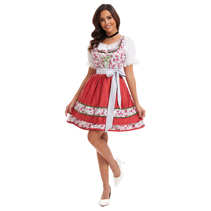 Women's floral traditional mini dress with laced bodice front and layered apron Mune Fashion