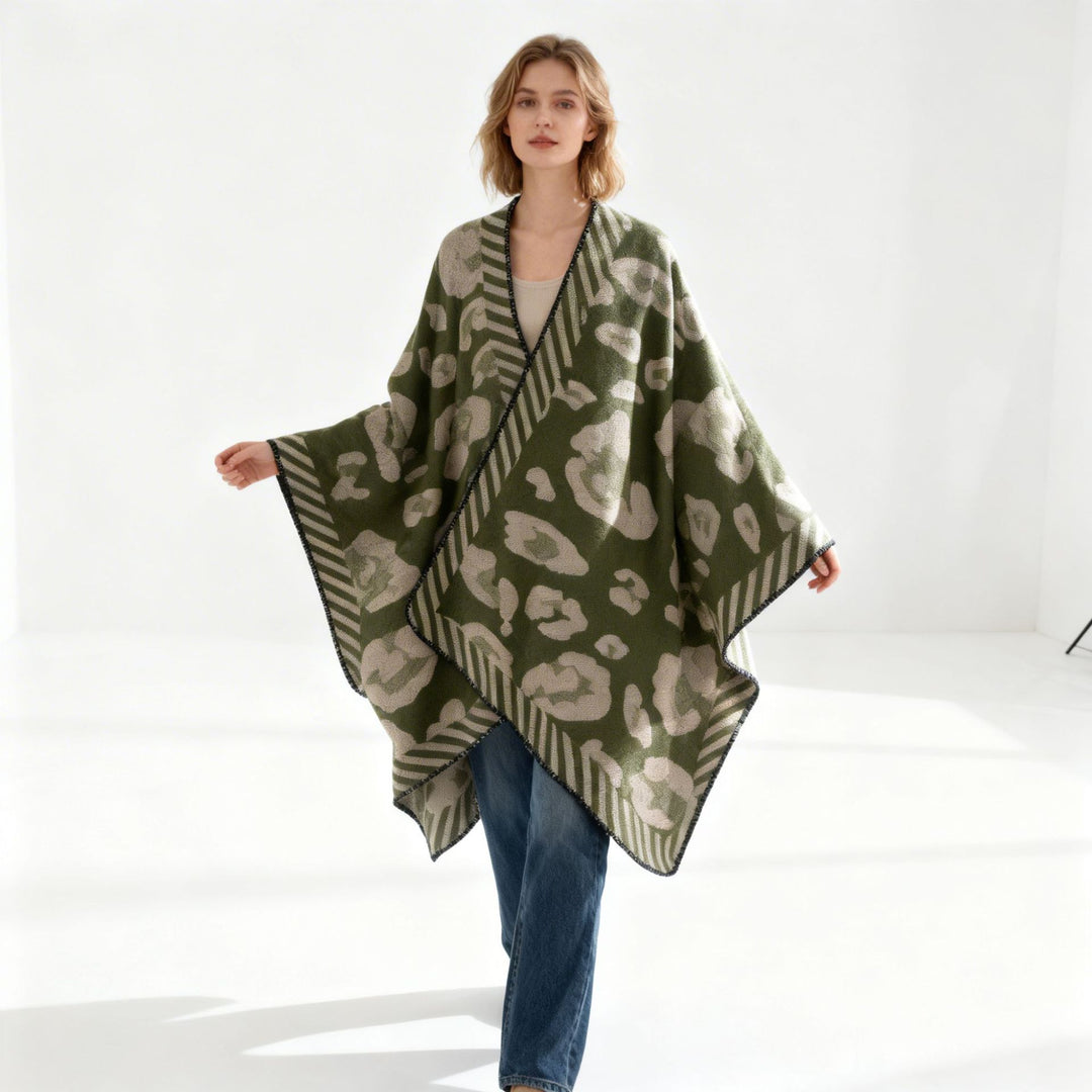 Women Structured Jacquard Cape Poncho in Oversized Fit with Contrasted Overlock Edge Mune Fashion