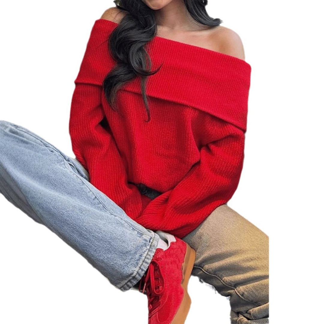 Women's Off-Shoulder Cozy Fine Knit Sweater with Wide Foldover Collar and Long Sleeves Mune Fashion