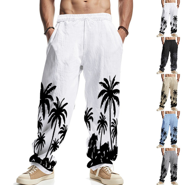 Men's wide leisure pants made of cotton-linen blend with palm print, elastic waistband and drawstring Mune Fashion
