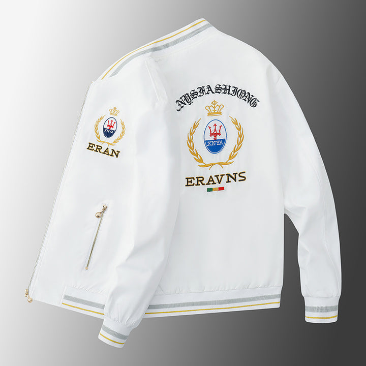 Men's stick detail bomber jacket in retro crest style with emblem embroidery and zipper arm pocket Mune Fashion